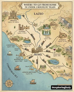 Vintage illustrated map of Lazio and Rome with towns, coast, landmarks, and train routes