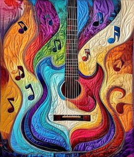 Colorful quilted guitar with swirling rainbow patterns and musical notes on fabric art