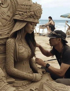 Artist sculpting a detailed sand figure of a woman with ornate headdress on a beach
