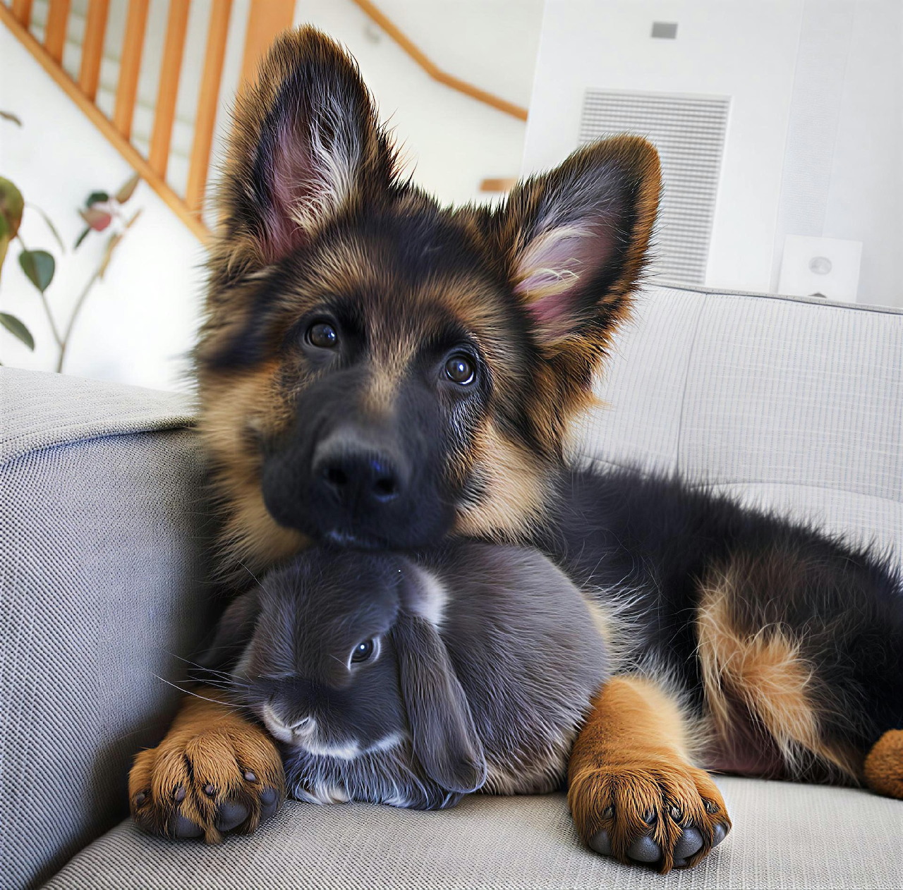 German Shepherd puppy lying with a gray bunny on a couch