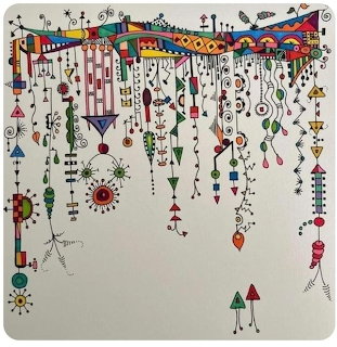 Colorful hanging ornaments and beads dangling from decorative patterned border on light background