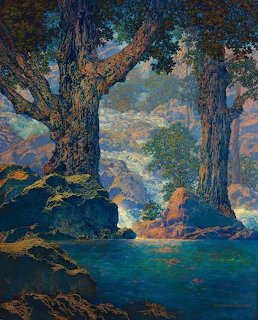 Painting of a forest stream with tall trees, rocks, and soft glowing light
