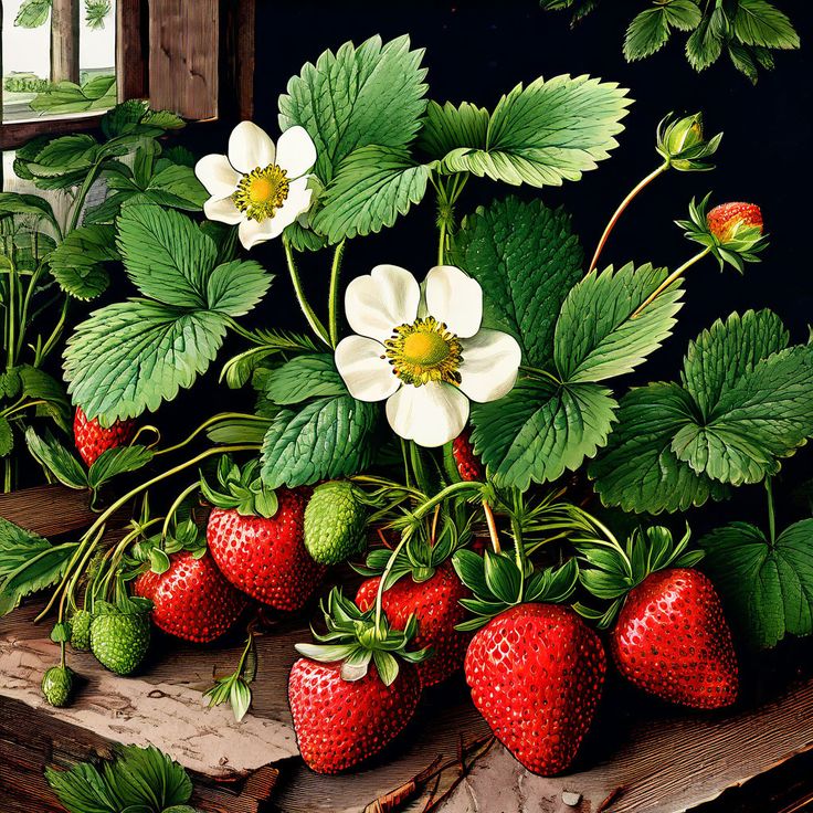 Botanical illustration of strawberry plant with red berries, white flowers, and green leaves on dark background