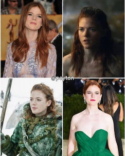 Four-photo collage of Rose Leslie in red carpet looks and dramatic costume portraits