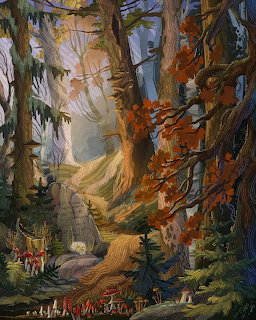 Sunlit forest path winding through tall trees with golden autumn foliage and mysterious glowing light