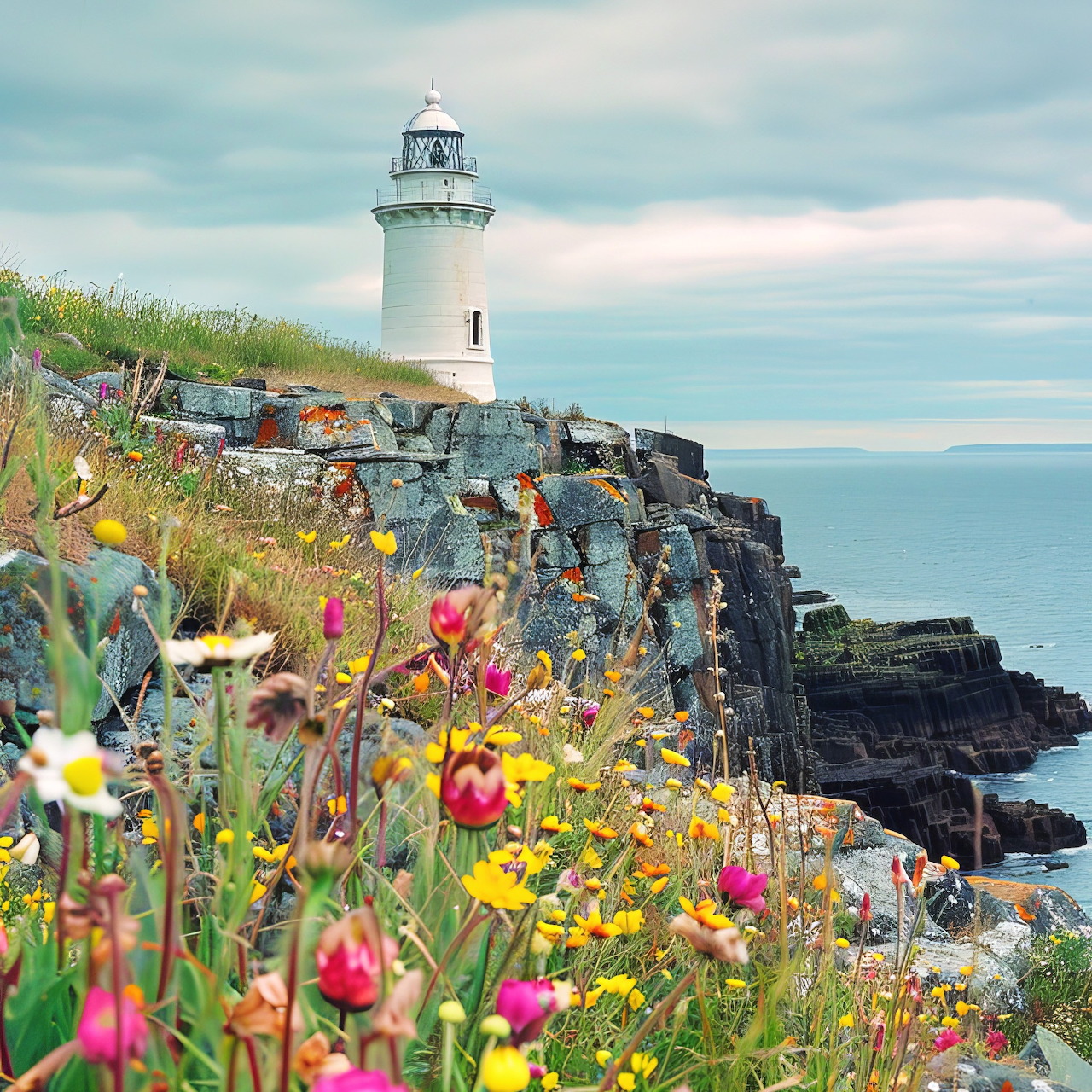 White lighthouse on rocky cliff overlooking the sea with colorful spring wildflowers in foreground