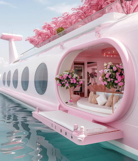 Surreal pink yacht on calm water with round windows and a flower-filled lounge area