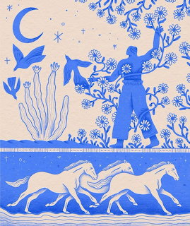 Blue folk-art illustration with a woman, flowers, birds, moon, and three running horses