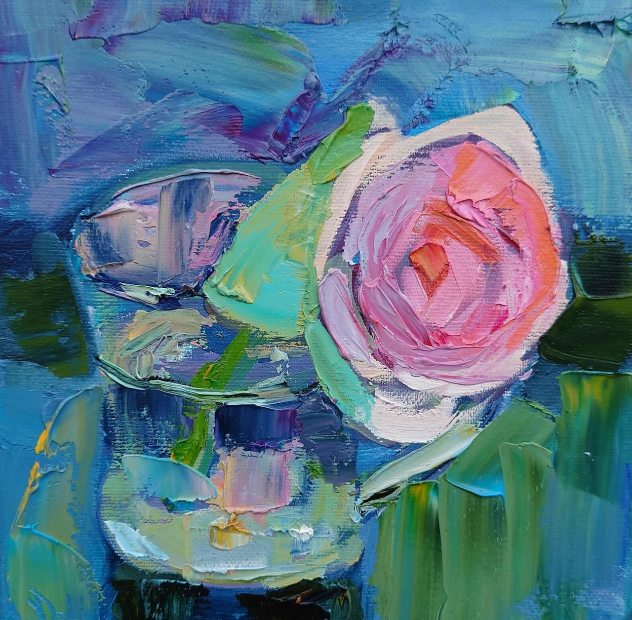 Abstract oil painting of a pink rose in a clear glass vase with vibrant impasto brushwork