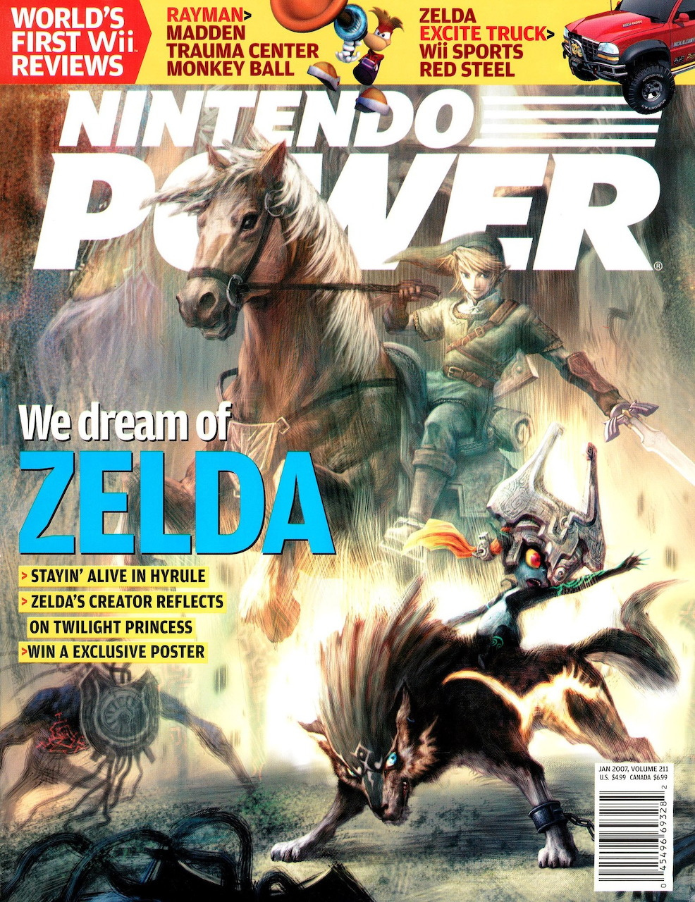 Nintendo Power magazine cover with Zelda Twilight Princess artwork showing Link riding a horse surrounded by dark creatures