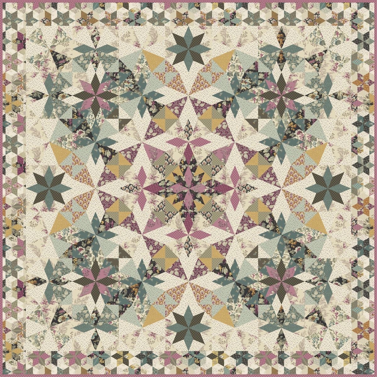 Symmetrical patchwork quilt with floral prints, star blocks, and geometric patterns in muted vintage colors