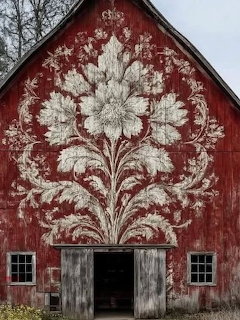 Red barn with large white painted floral design on its front facade