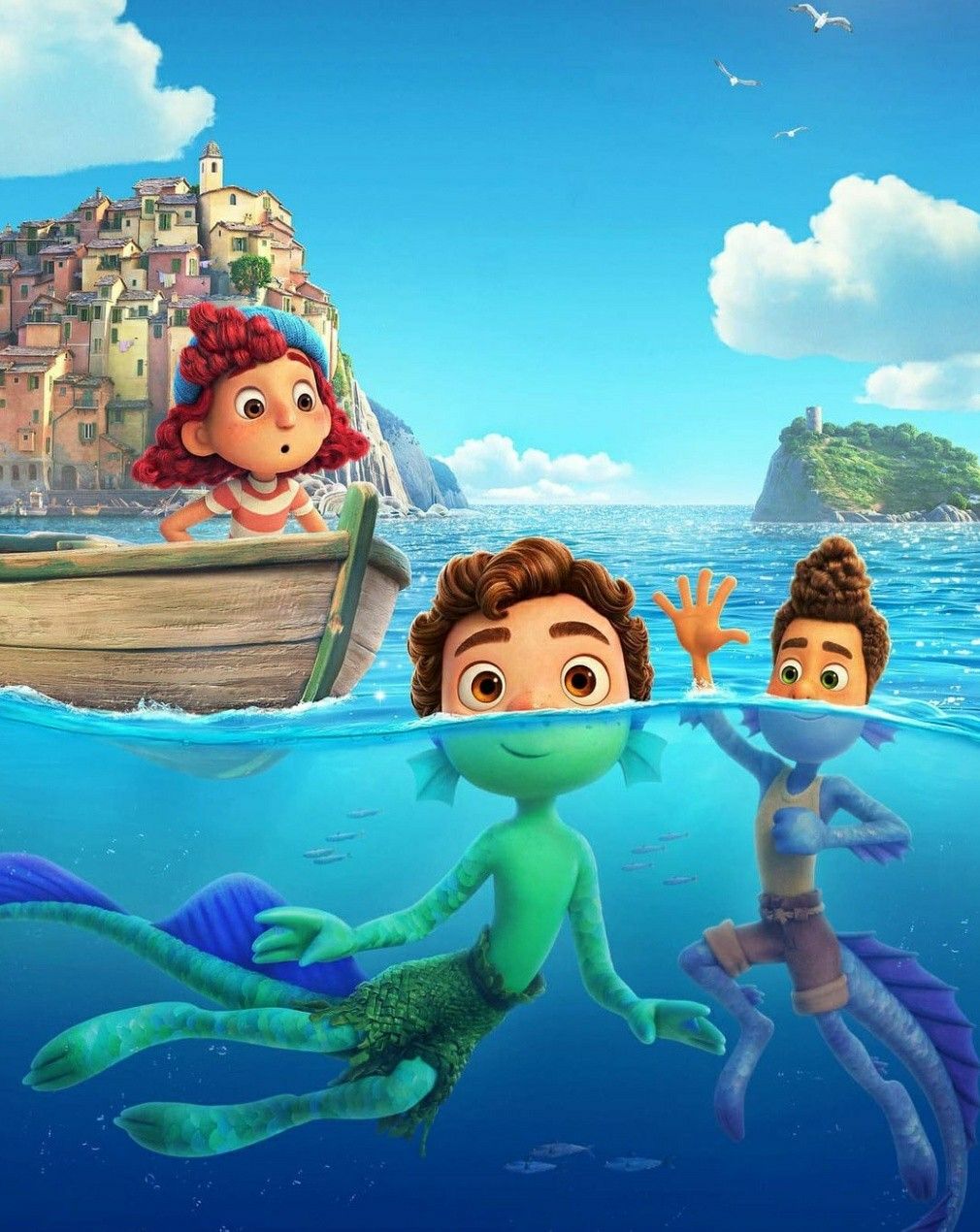 Three animated characters in ocean water with coastal village behind them under blue sky