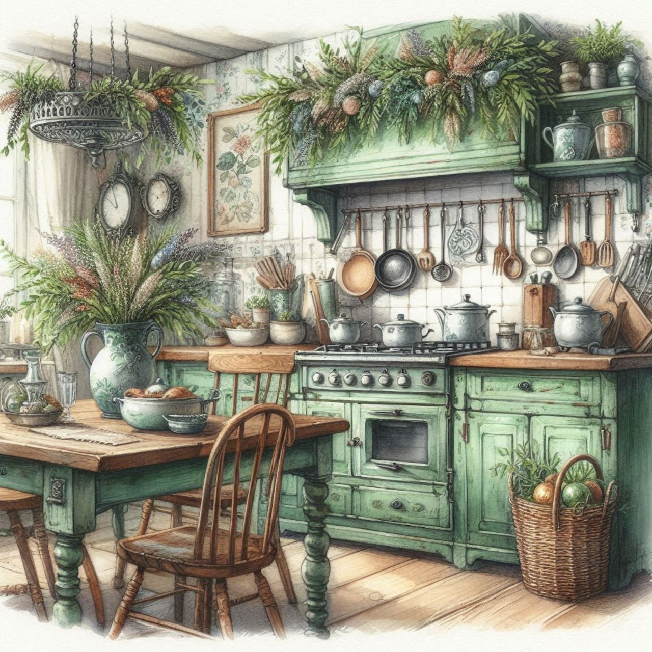 Rustic country kitchen with green cabinets, wooden table, hanging pots, and plants in farmhouse style