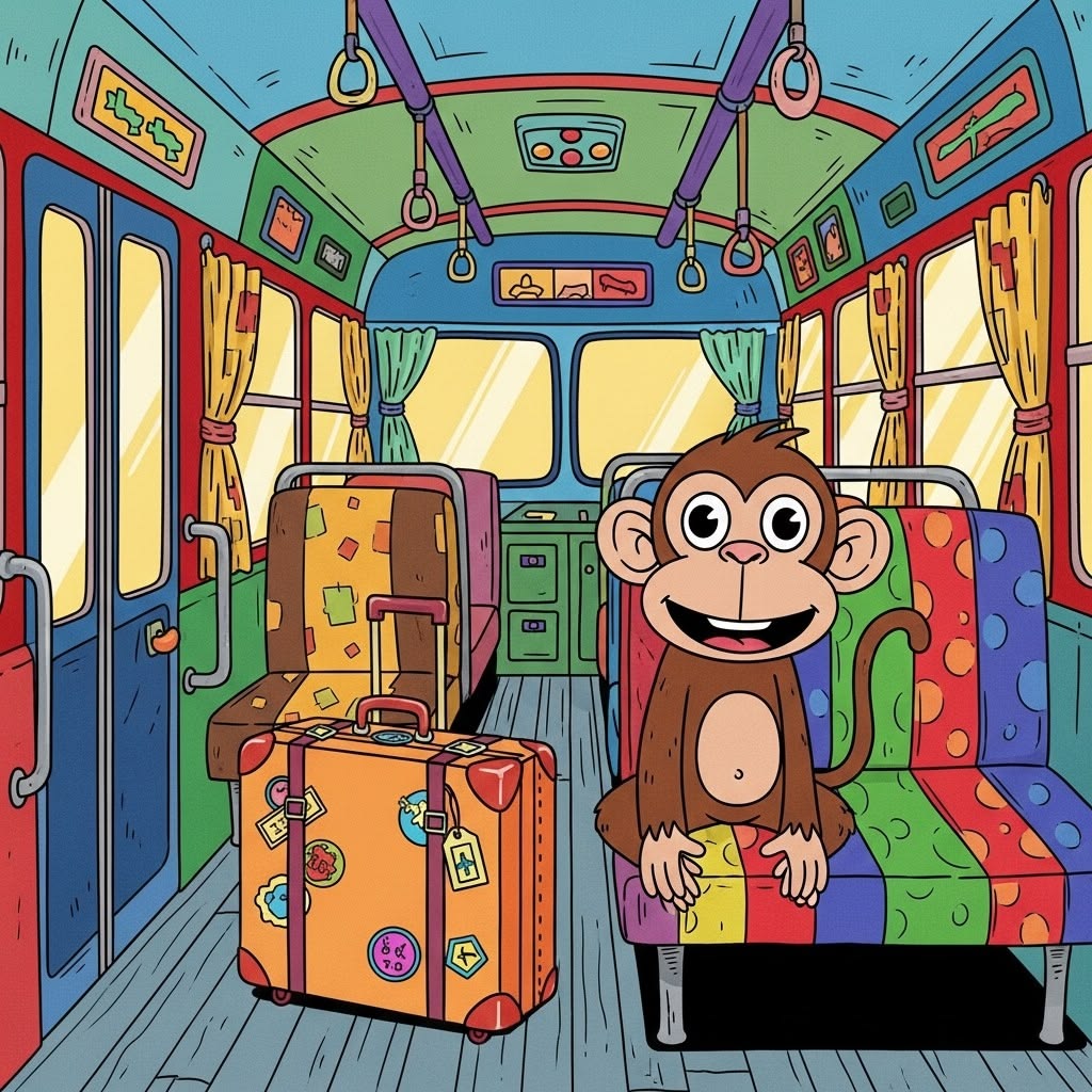 Cartoon monkey with luggage on a colorful bus interior