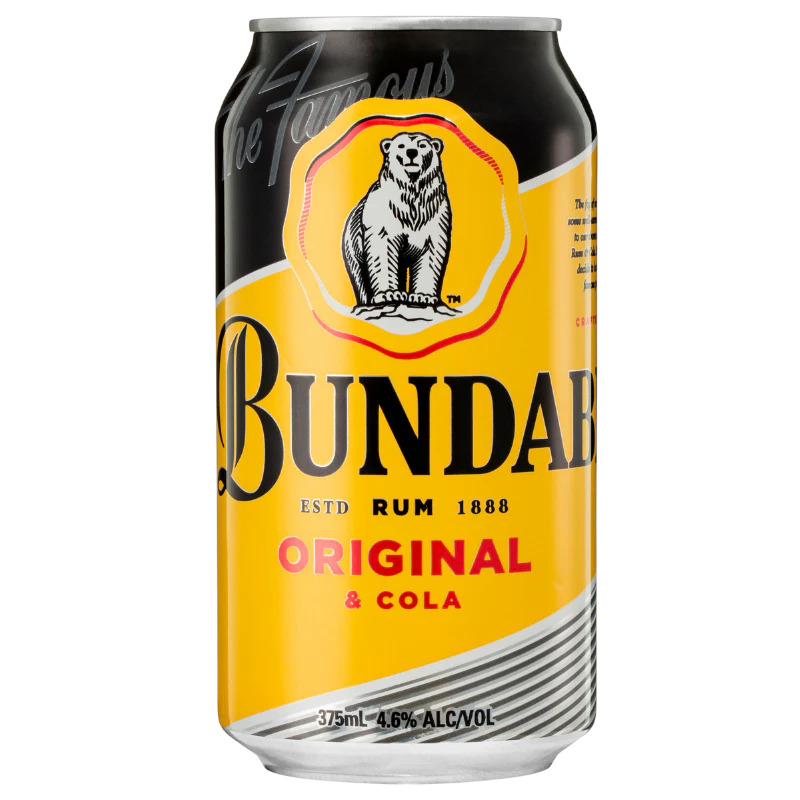 Black and gold Bundaberg Rum Original and Cola can with polar bear logo on white background