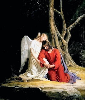 Oil painting of Jesus in red robe kneeling beside white-robed angel under gnarled tree in Garden of Gethsemane