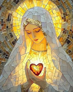 Mosaic artwork of Madonna in white veil holding glowing sacred heart with golden halo background