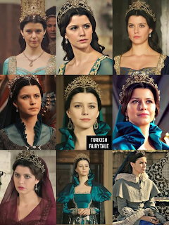 Collage of Beren Saat as Kösem Sultan in Ottoman-style dresses, veils, and crowns