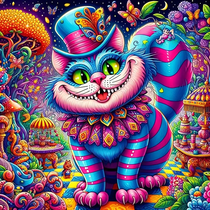 Colorful striped cat with big green eyes and wide grin in psychedelic fantasy setting with mushrooms and flowers