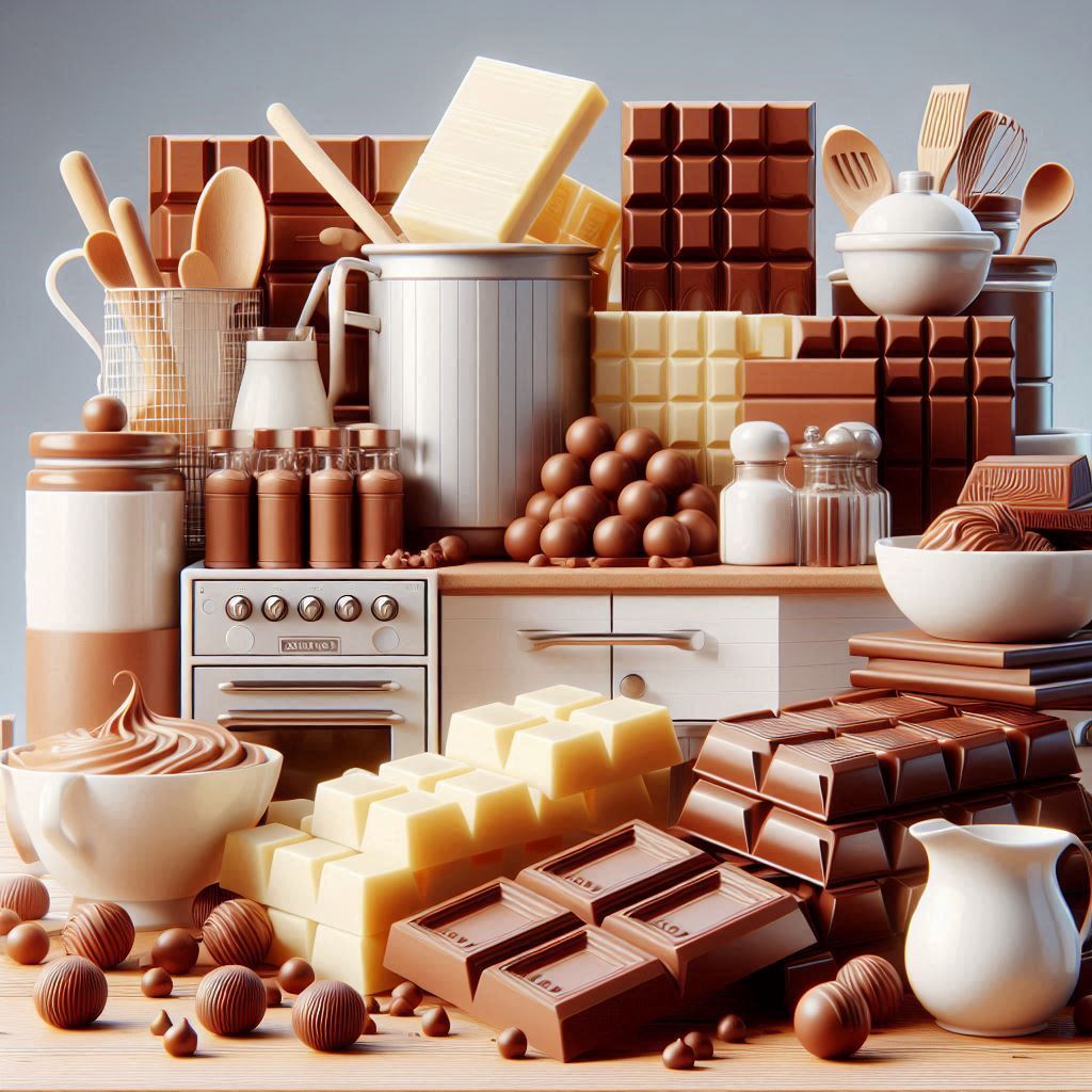 Assorted milk and white chocolate bars and cocoa treats arranged with kitchen utensils on a countertop