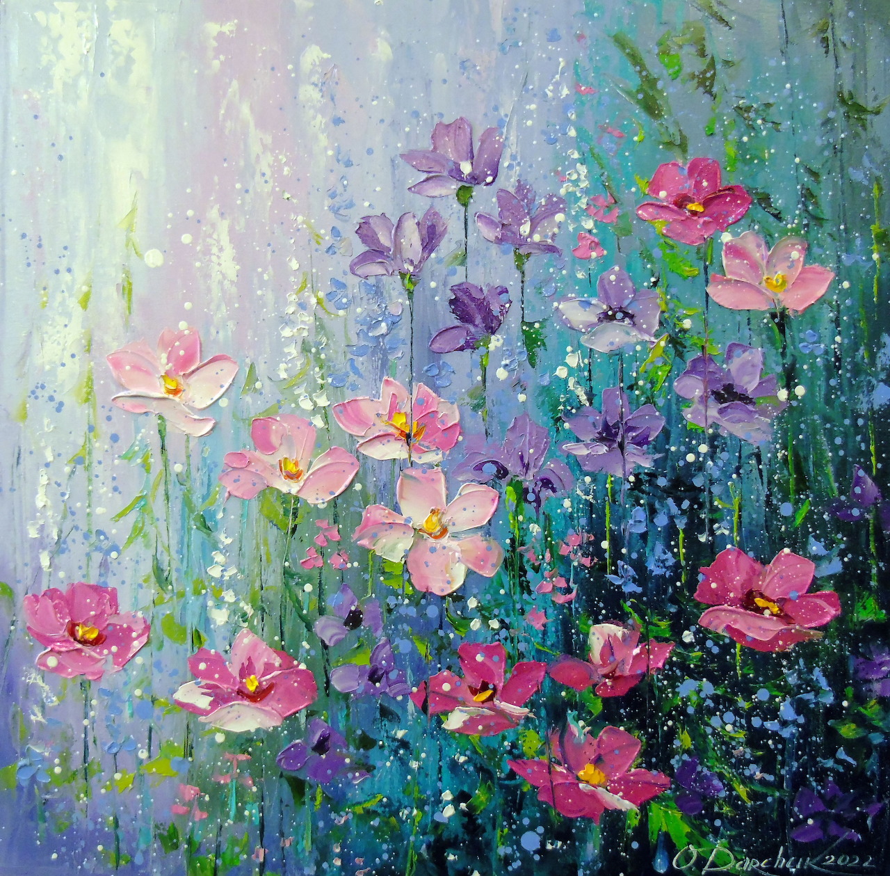 Impressionist painting of pink and purple flowers in a soft blue garden