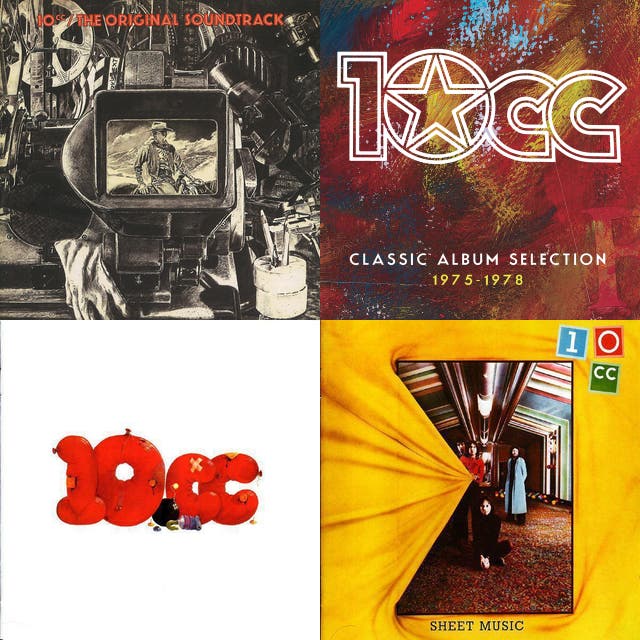 Collage of four 10cc album covers in a square layout with mixed artwork and colors
