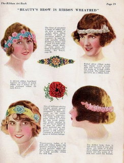 Vintage 1920s ribbon art book page showing women wearing decorative ribbon headbands and floral hair accessories.