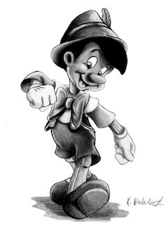 Black-and-white pencil drawing of Pinocchio standing with one arm extended