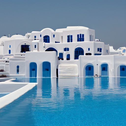 Surreal white buildings with curved architecture and bright blue pool in foreground