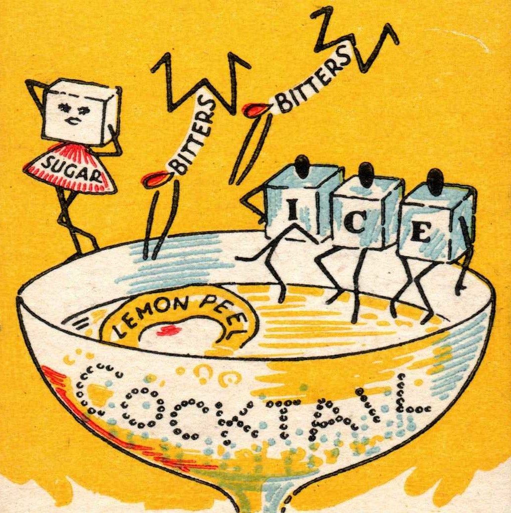 Cartoon ice cubes and sugar cube with faces dancing in a cocktail glass, retro yellow illustration