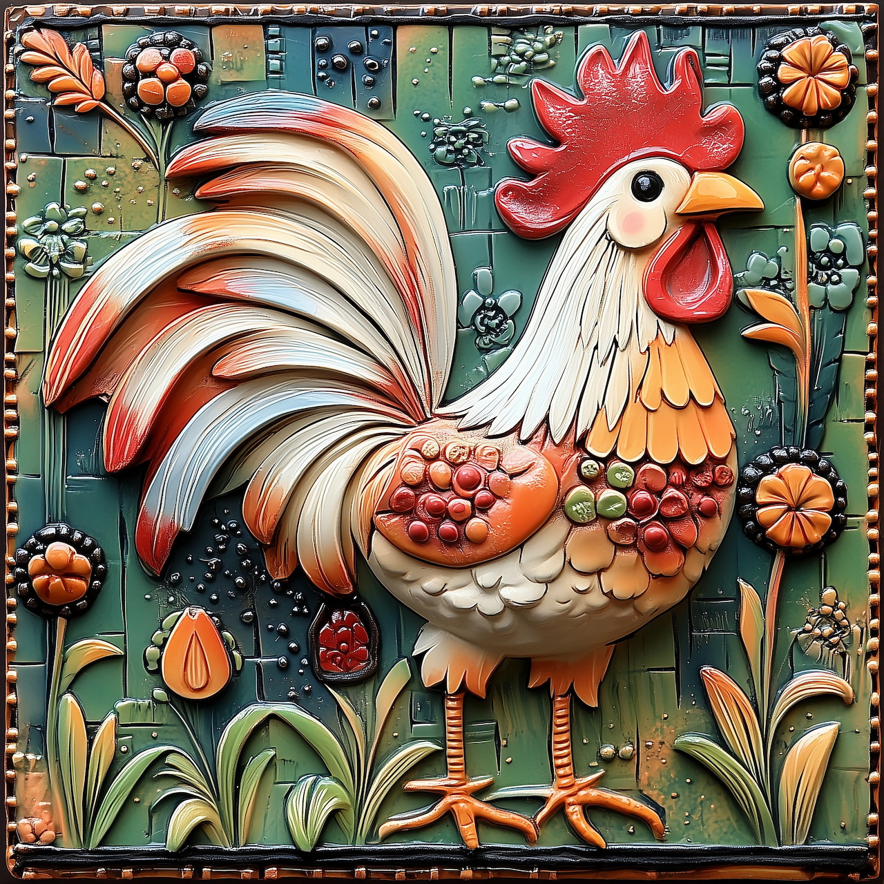 Ceramic tile art depicting a rooster with elaborate tail feathers and floral border in relief
