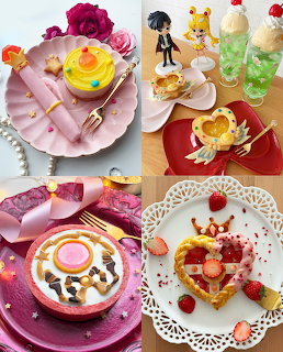 Four decorative dessert plates with cakes, pastries, flowers, and fruit on ornate dishes