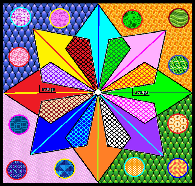 Vibrant geometric patchwork with radiating triangular sections in multiple colors and patterns with circular motifs