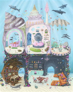 Fantasy castle illustration with upper palace rooms and underwater chambers filled with sea creatures and treasure