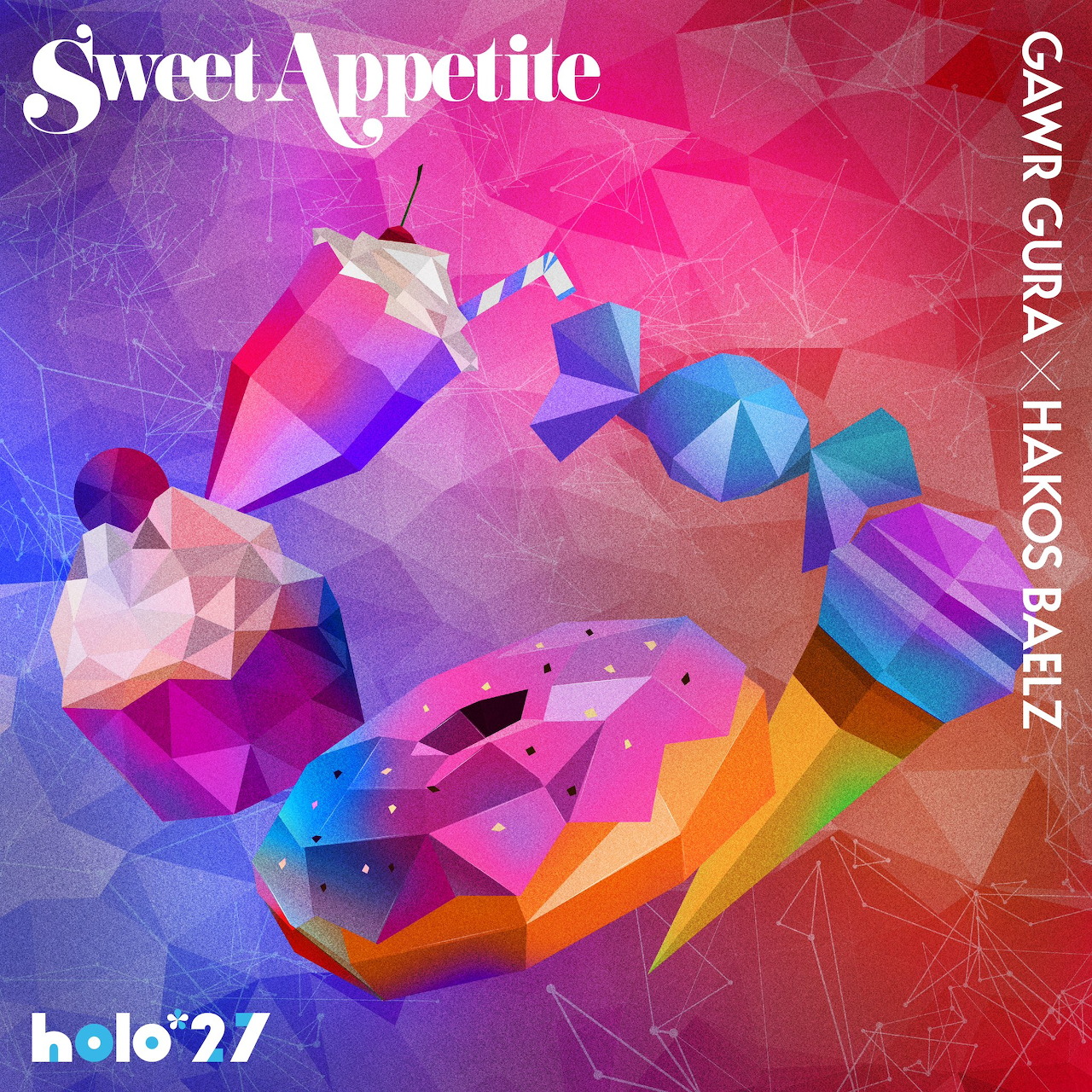 Colorful geometric cover art with stylized sweets on a pink and purple polygon background
