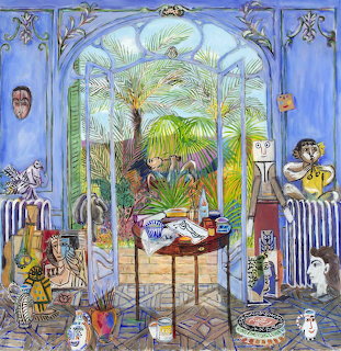 Detailed illustration of artist studio with blue archways, palm trees, paintings on easels, and decorative objects
