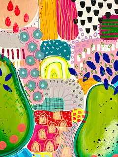 Colorful abstract collage with geometric patterns, dots, stripes, and bold shapes in pink, green, yellow, and blue