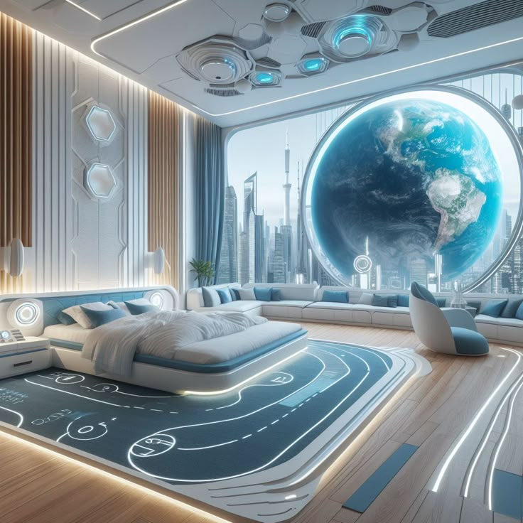 Futuristic white bedroom with floating bed, Earth hologram, and city skyline view through large windows