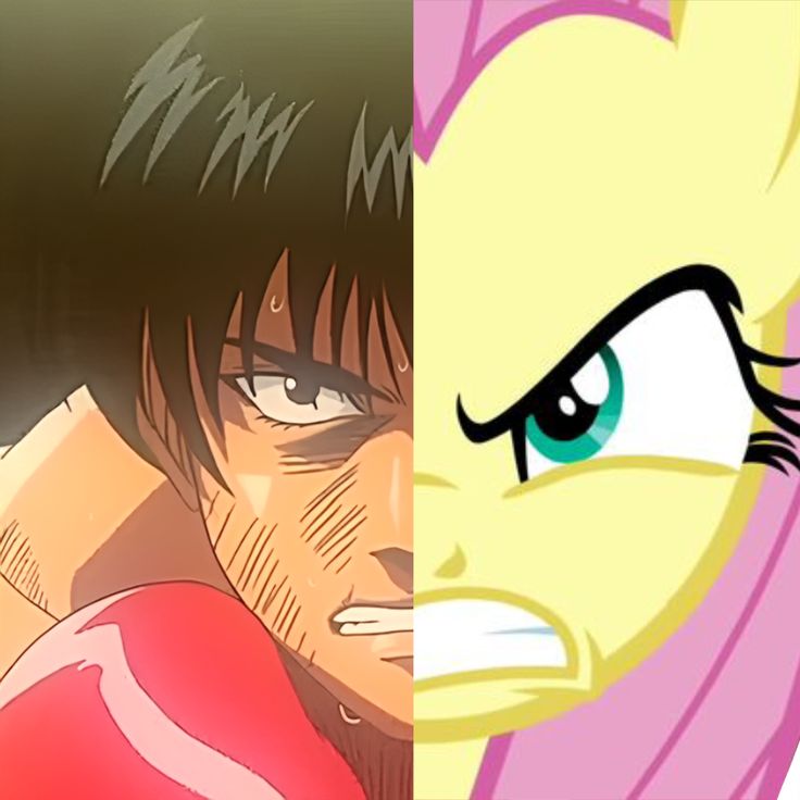 Split image of an anime man and Fluttershy with matching angry expressions