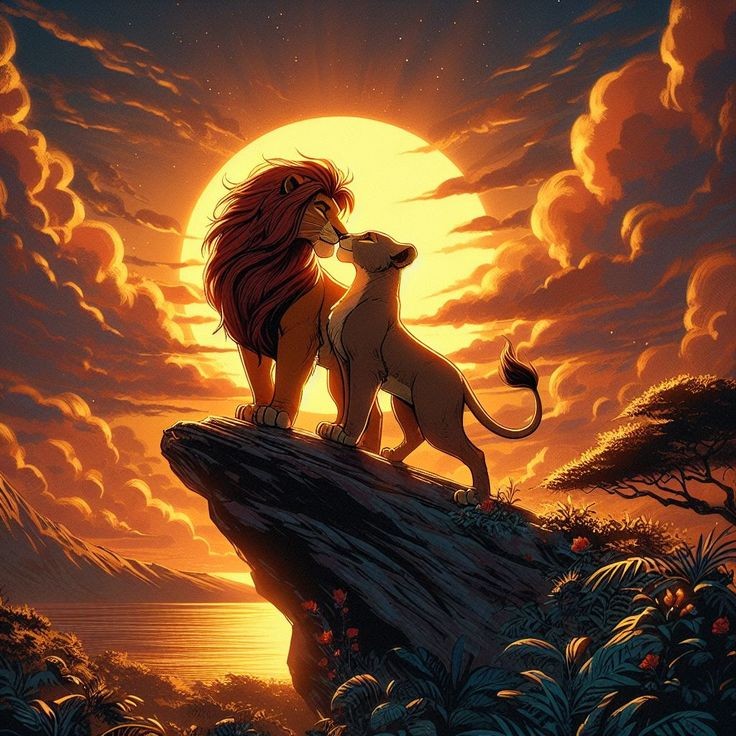 Two lions standing on a rocky cliff at sunset with dramatic orange sky and clouds behind them