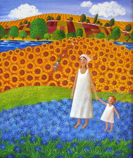 Folk art painting of mother and child standing in bright sunflower field with colorful landscape