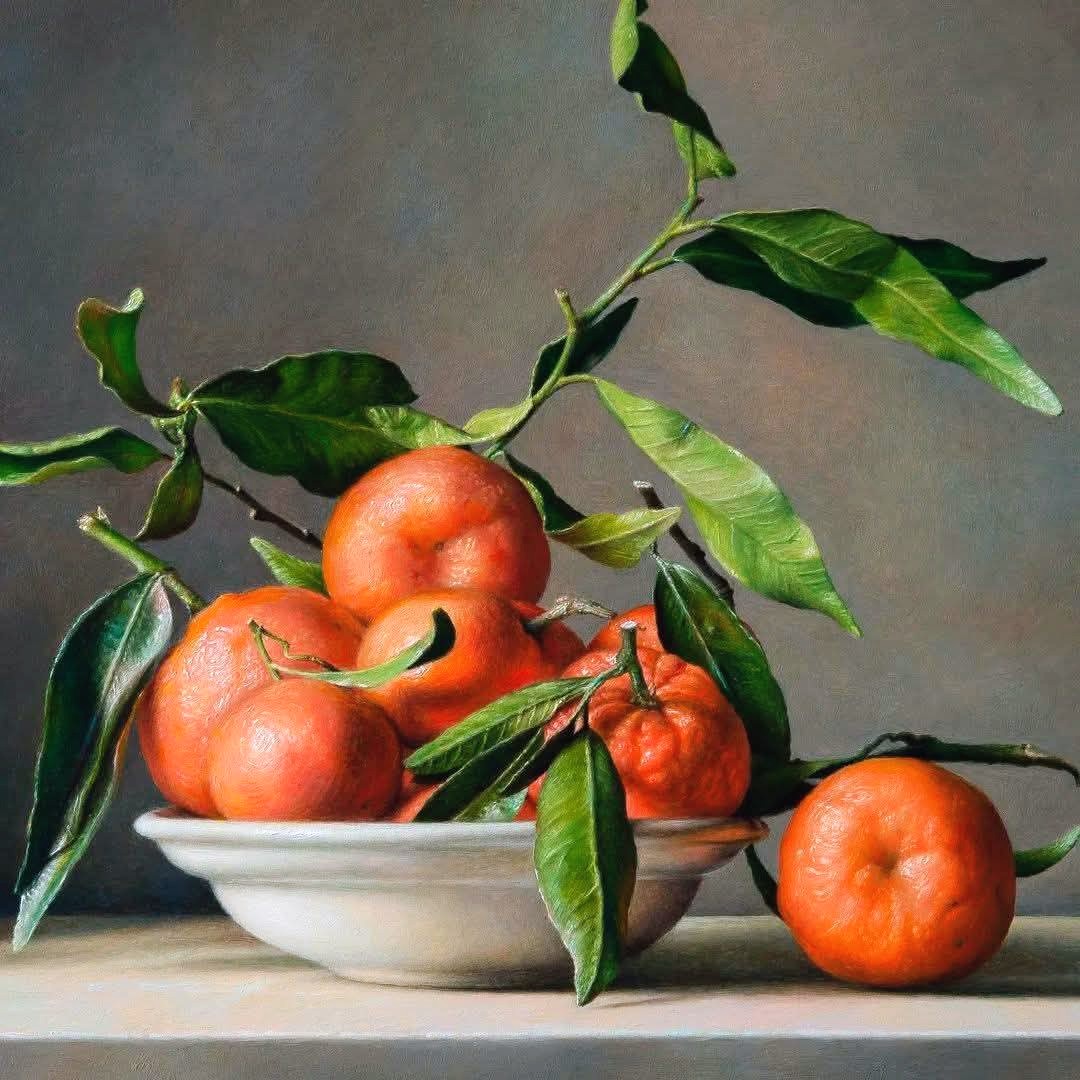 Still life painting of tangerines in white bowls with green leaves on a table