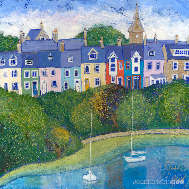 Painting of colorful terraced houses on a green hill above a harbor with white sailboats