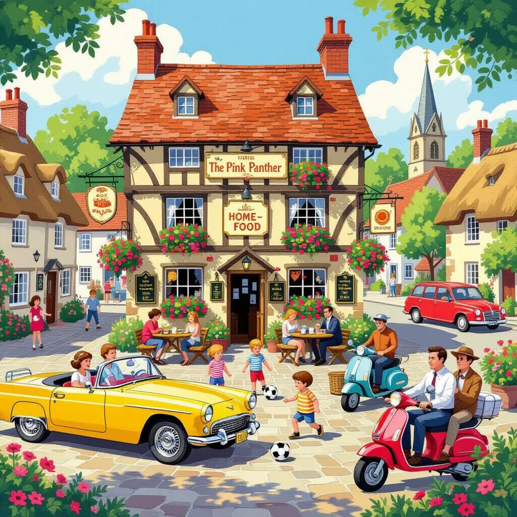 Illustrated English village scene with a Tudor-style pub, vintage cars, people, and a church spire