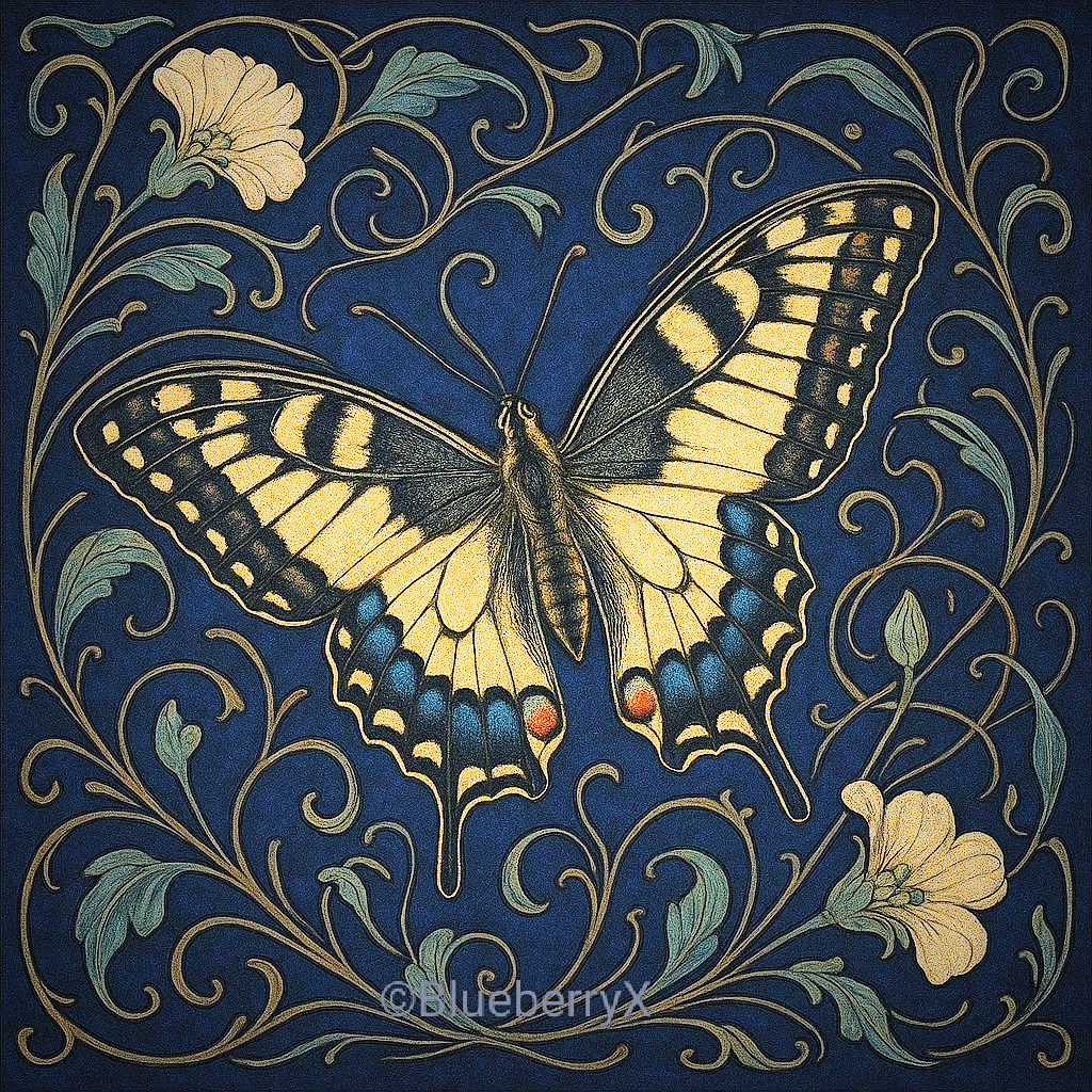Yellow swallowtail butterfly with black markings on decorative blue swirl pattern with cream flowers