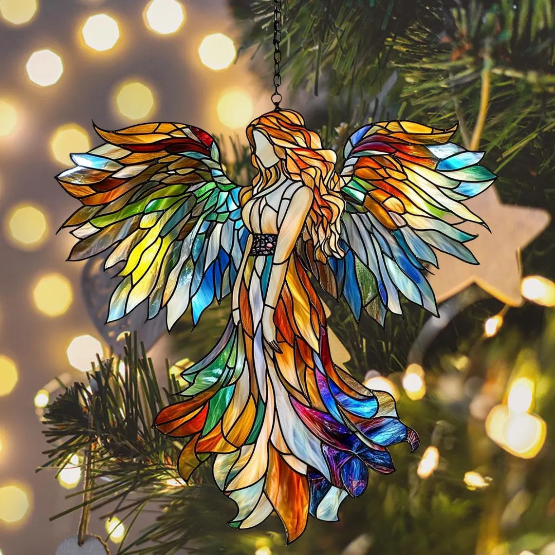 Multicolored stained glass angel ornament on evergreen tree with golden bokeh lights
