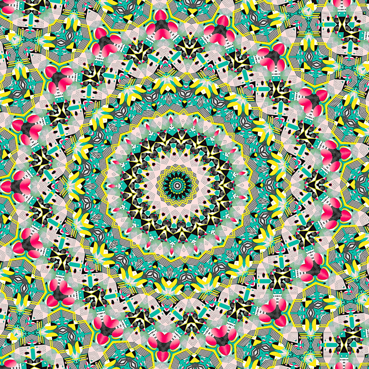 Colorful floral mandala with intricate geometric symmetry on a turquoise background