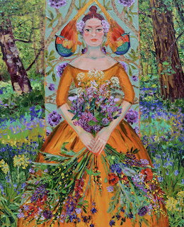 Woman in decorative orange dress with floral crown holding flowers in a colorful forest setting