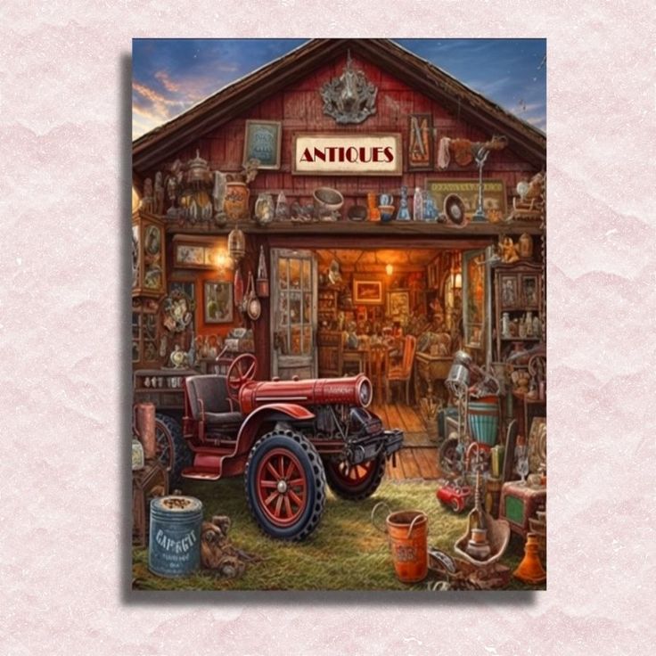 Painting of an antique shop filled with vintage objects and an old red car in front